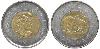 Канада 2 доллара 2007 полярный медведь KM 496 биметалл 4605-643