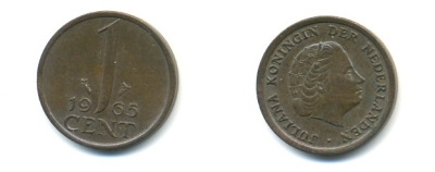 Нидерланды 1 цент 1965 Юлиана (1948-1980) КМ 180 бронза 80-959