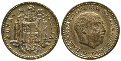 Испания 1 песета 1947 (53) Франсиско Франко (1939-1975) KM 775 алюминиевая бронза 4385-1057