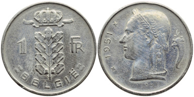 БЕЛЬГИЯ 1 ФРАНК 1951 BELGIE KM 143.1 медно-никель 4390-356