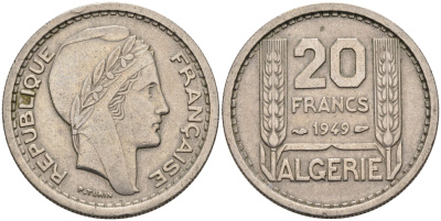 Алжир, Французский 20 франков 1949  KM 91 медно-никель 4589-715