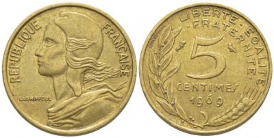 ФРАНЦИЯ 5 САНТИМОВ 1969 ТИП MARIANNE KM 933 медь алюминий никель 105-1238