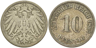 Германия 10 пфеннигов 1897 A KM 12, J. 13, Weege 8 медно-никель 261-1313