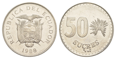Эквадор 50 сукре 1988 KM 93.1 сталь плакированная никелем 4641-726