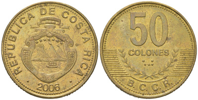 Коста-Рика 50 колонов 2006 KM 231.1b сталь плакированная латунью 4616-1215