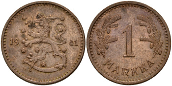 Финляндия 1 марка 1941 S KM 30a медь 4580-1268