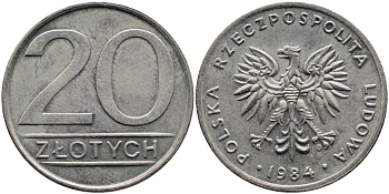 ПОЛЬША 20 ЗЛОТЫХ 1984 MW KM 153.1 медно-никель 51-1512