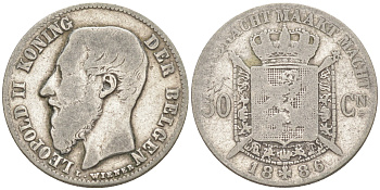 БЕЛЬГИЯ 50 САНТИМОВ 1886 BELGEN, ЛЕОПОЛЬД II KM 27 серебро 187-865