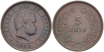 ПОРТУГАЛИЯ 5 РЕЙС 1892 КАРЛУШ I (1889-1908) KM 530 бронза 1521-1243