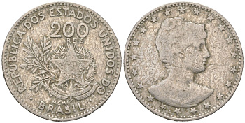 Бразилия 200 реалов 1901 MCMI, голова свободы вправо KM 504 медно-никель 4612-324