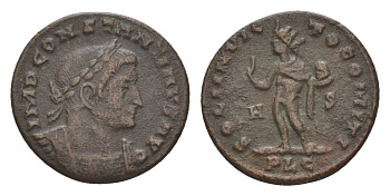 Римская Империя нуммий 316 Константин I Великий, IMP CONSTANTINVS AVG, бюст императора/SOLI INVICTO COMITI, бог Соль, Лугдун RIC 53 биллон 413-2223