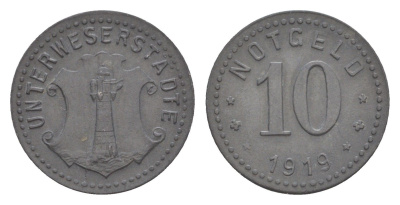 Унтервезер 10 пфеннигов 1919 Funck 558.2, Men05 25587.3, Men18 32086.3 цинк 4636-835