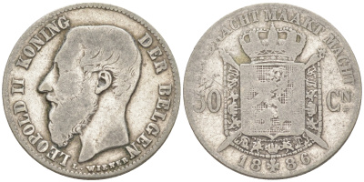 БЕЛЬГИЯ 50 САНТИМОВ 1886 BELGEN, ЛЕОПОЛЬД II KM 27 серебро 187-865