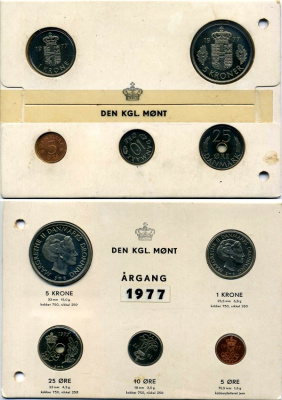 Дания набор из 5 монет 1977 Маргрете II, официальный, в картонном буклете KM MS 22 UNC 4-4-1-8