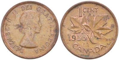 КАНАДА 1 ЦЕНТ 1955 КЛЕНОВЫЙ ЛИСТ, ЕЛИЗАВЕТА II (1952-) KM 49 бронза 218-829