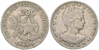 Бразилия 200 реалов 1901 MCMI, голова свободы вправо KM 504 медно-никель 4612-324