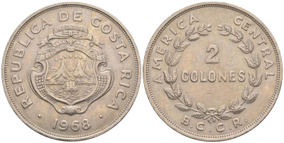 Коста-Рика 2 колона 1968 KM 187.2, Schoen 46.1 медно-никель 4117-943