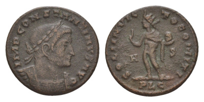 Римская Империя нуммий 316 Константин I Великий, IMP CONSTANTINVS AVG, бюст императора/SOLI INVICTO COMITI, бог Соль, Лугдун RIC 53 биллон 413-2223