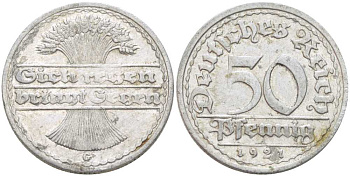 ГЕРМАНИЯ 50 ПФЕННИГОВ 1921 G KM 27, J. 301, Weege 10 алюминий 261-332