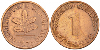 ФРГ 1 ПФЕННИГ 1972 F KM 105, J.380 сталь плакированная медью 4532-1261