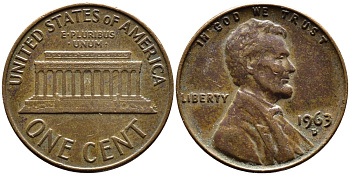 США 1 ЦЕНТ 1963 D, ЛИНКОЛЬН KM 201 медь цинк 35-163