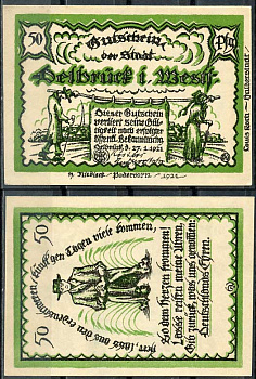 Германия, Дельбрюк 50 пфеннигов 1921 нотгельд, 27.1.1921 Grabowski 261.1 бумага UNC (пресс) 444-53-3-2