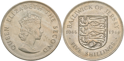 Джерси 5 шиллингов 1966 900 лет Нормандскому завоеванию KM 28 медно-никель UNC 118-612