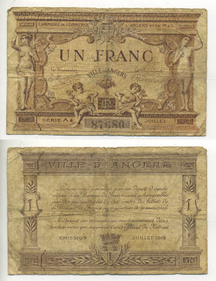 ФРАНЦИЯ 1 ФРАНК 1915 КОМЕРЧЕСКАЯ ПАЛАТА ГОРОДА АНЖЕ, НОТГЕЛЬД бумага 7552-30-4