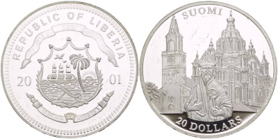 Либерия 20 долларов 2001 серия церкви Европы, Финляндия, микроцарапины KM серебро PROOF 1088-5-44