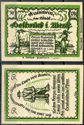 Германия, Дельбрюк 50 пфеннигов 1921 нотгельд, 27.1.1921 Grabowski 261.1 бумага UNC (пресс) 444-53-3-2