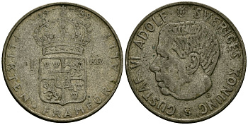 Швеция 1 крона 1952 TS, Густав VI Адольф (1950-1973) KM 826 серебро 4177-955