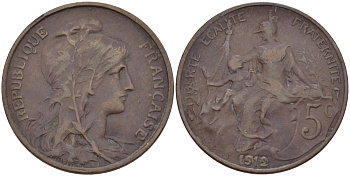 ФРАНЦИЯ 5 САНТИМОВ 1912 ТИП ДАНИЭЛЬ ДЮПЮИ KM 842, LE FRANC 119.24 бронза 28-612