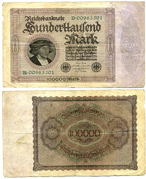 ГЕРМАНИЯ 100000 МАРОК 1923 1 ФЕВРАЛЯ 1923, БЕЗ Т ПОД ПОРТРЕТОМ Pick 83a бумага XF 7146-42-2-2