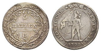 Швейцария, Гельветическая республика 5 батценов 1799 B KM A9 серебро 633-1131