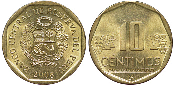 Перу 10 сентимо 2008 KM 305.4 латунь aUNC 4605-615