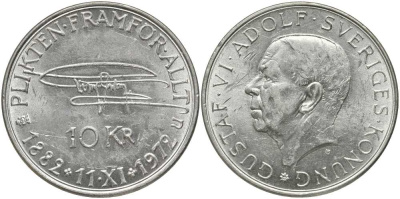 Швеция 10 крон 1972 U, 90 лет со дня рождения Густава VI Адольфа KM 847 серебро 180-632