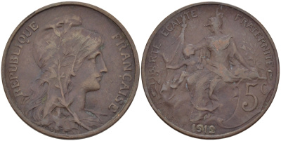 ФРАНЦИЯ 5 САНТИМОВ 1912 ТИП ДАНИЭЛЬ ДЮПЮИ KM 842, LE FRANC 119.24 бронза 28-612