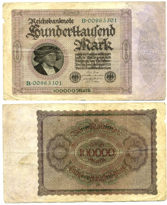 ГЕРМАНИЯ 100000 МАРОК 1923 1 ФЕВРАЛЯ 1923, БЕЗ Т ПОД ПОРТРЕТОМ Pick 83a бумага XF 7146-42-2-2