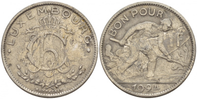 ЛЮКСЕМБУРГ 1 ФРАНК 1924 СТАЛЕВАР KM 35 никель 4548-744