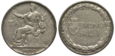 ИТАЛИЯ 1 ЛИРА 1923 R, ВИТОРИО ИМАНУИЛ III (1900-1946) KM 62 никель 55-136