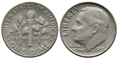 США 10 центов (дайм) 1967 Рузвельт KM 195а медь плакированная медно-никелем 37-229