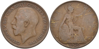 Великобритания 1 пенни 1920 Георг V (1910-1936) KM 810, Spink 4051 бронза 4572-1244