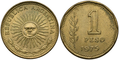 Аргентина 1 песо 1975 майское солнце KM 69, CJ 327.3, Schon 69 алюминиевая бронза 00-00