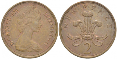 Великобритания 2 пенса 1979 Елизавета II (1952-2022) KM 916, Spink 4235 (C1) бронза 77-145
