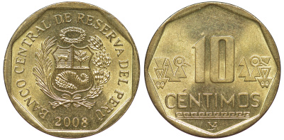 Перу 10 сентимо 2008 KM 305.4 латунь aUNC 4605-615