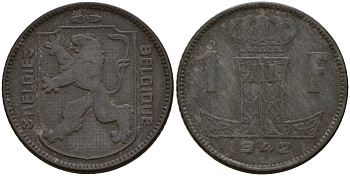 Бельгия 1 франк 1942 Belgique - Belgie, Леопольд III (1934-1947), германская оккупация, Вторая мировая война KM 127 цинк 4161-446