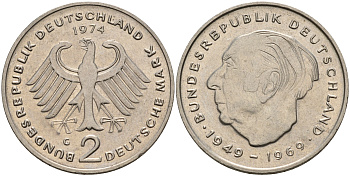 ФРГ 2 марки 1974 G, Теодор Хойс KM 127,  J. 407 медно-никель    4149-534