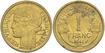 ФРАНЦИЯ 1 ФРАНК 1941 ТИП MORLON KM 885, LE FRANC 219.12 алюминиевая бронза 3853-234
