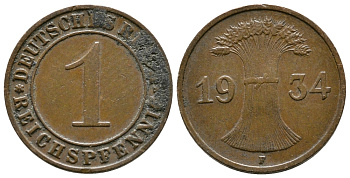 ГЕРМАНИЯ 1 РЕЙХСПФЕННИГ 1934 F KM 37, J. 313 бронза 4380-1244