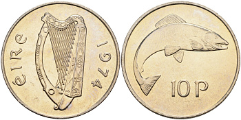 Ирландия 10 пенсов 1974 лосось KM 23 медно-никель BUNC 4583-341